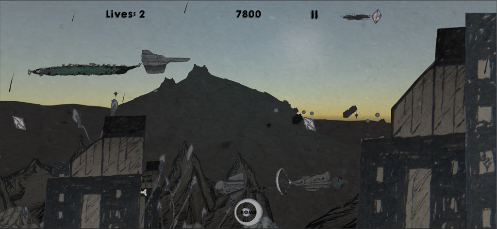 Jugabilidad de un juego de disparos espaciales de desplazamiento lateral con gráficos de estilo de tinta dibujados a mano y paisaje montañoso.