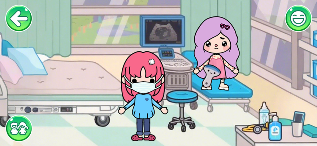 Comic-Arzt und Patientin in einem Krankenzimmer mit Ultraschallgerät