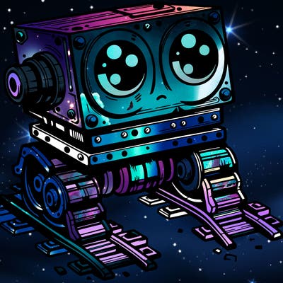 a scrap metal robot that has sort of rails as feet to move around, with big eyes, cute