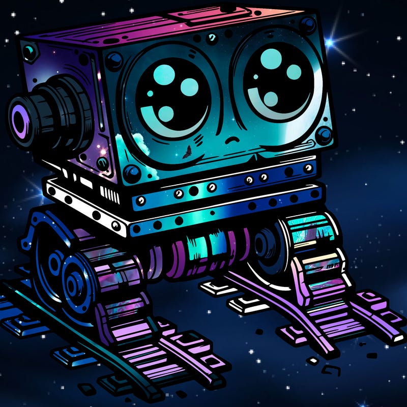 a scrap metal robot that has sort of rails as feet to move around, with big eyes, cute