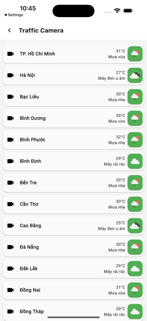 Traffic Camera VN - Traffic Camera VN app screen showing a list of Vietnamese cities with current weather and camera icons
