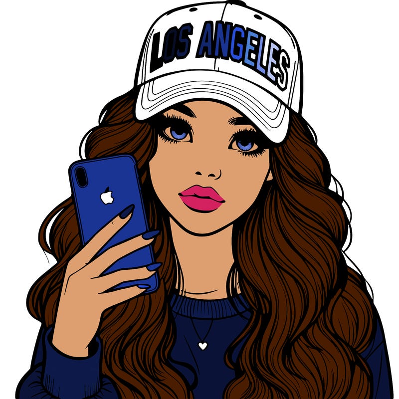 realistic beautiful girl wearing los ángeles cap holding an iphone