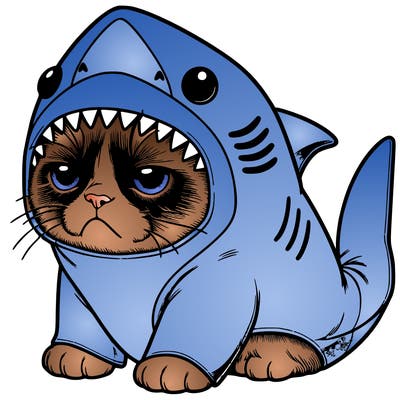 a realistic grumpy cat wearing a cute shark costume
