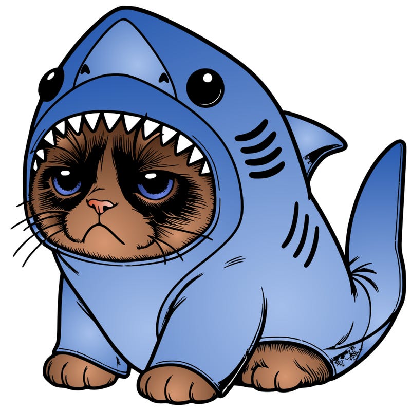 a realistic grumpy cat wearing a cute shark costume