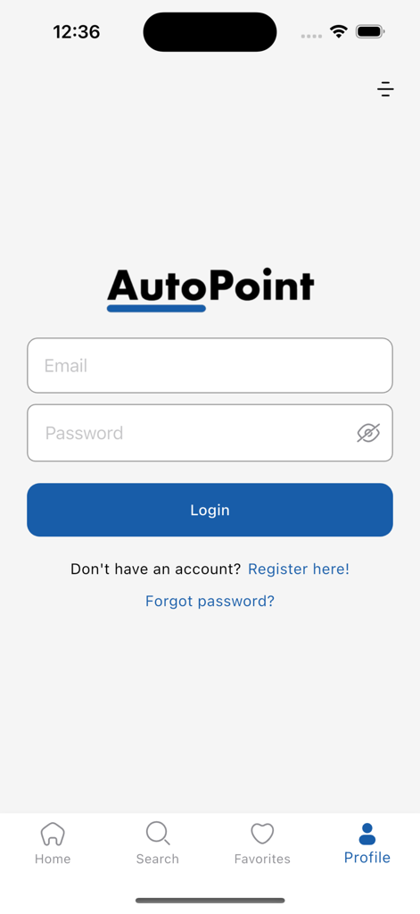 autopoint.mk - Login screen of the AutoPoint automotive shopping app featuring email and password input fields