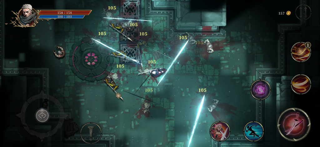 Shadow of the Depth - A top-down view of a character performing sword attacks against multiple enemies in a dark dungeon environment.