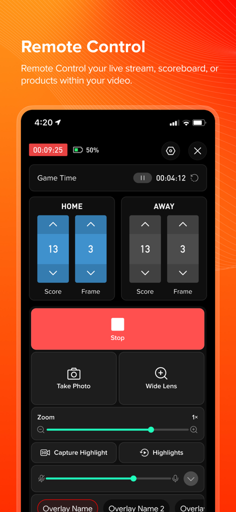 Live Now - Live Stream - Interface for controlling a live sports stream scoreboard with score and game time management