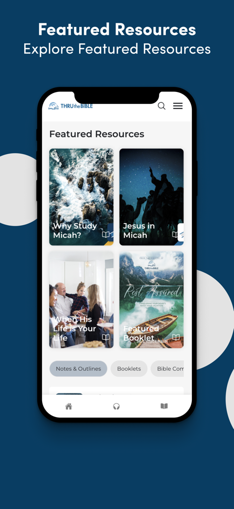THRU the BIBLE App - THRU the BIBLE mobile app screen displaying featured Bible study resources and booklets