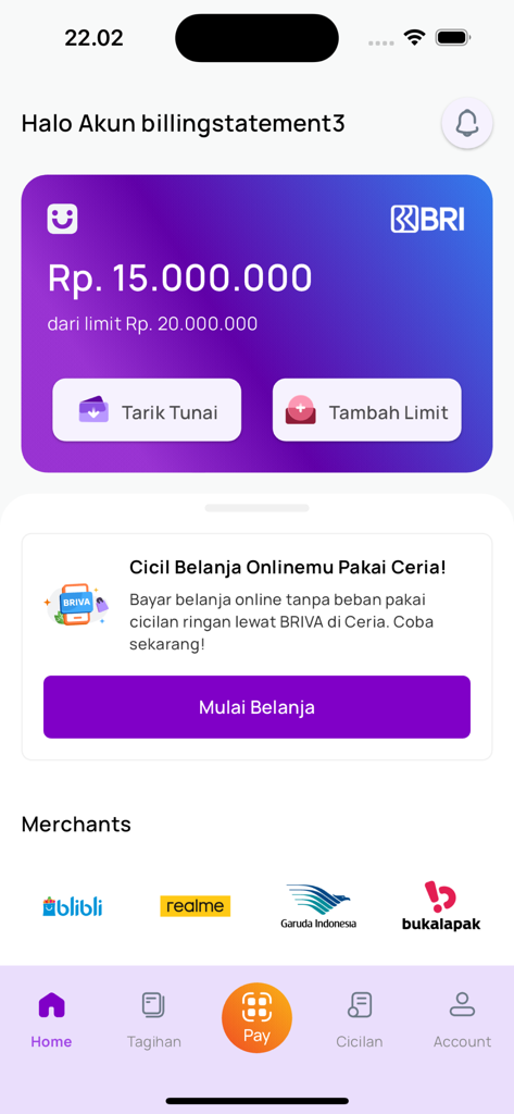 BRI Ceria - Tela inicial do aplicativo BRI Ceria mostrando saldo de crédito e parceiros de comércio