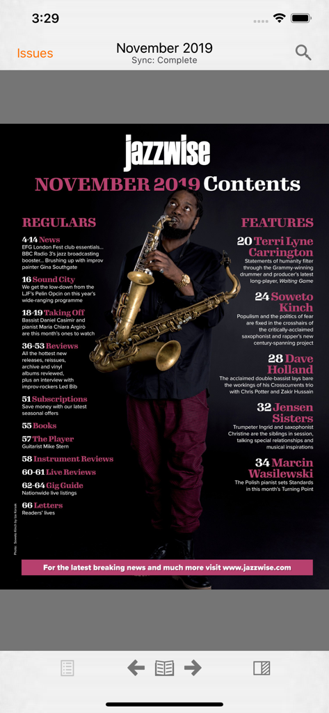 Table of contents for the November 2019 issue of Jazzwise magazine featuring a jazz saxophonist.