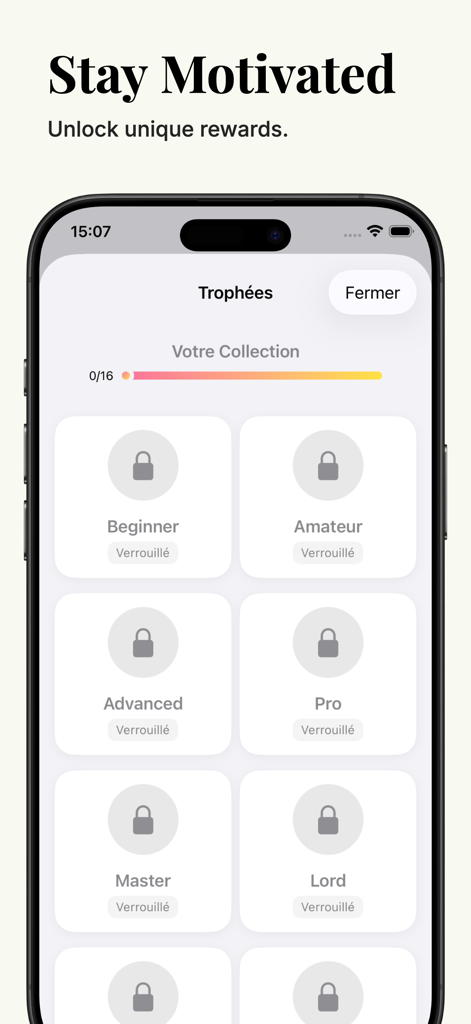 A collection of locked achievement trophies in the Brain Booster Pro app designed to keep users motivated.
