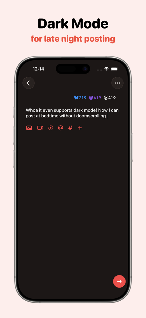 Croissant - Cross-Posting - Croissant app interface showing dark mode for night time social media cross-posting