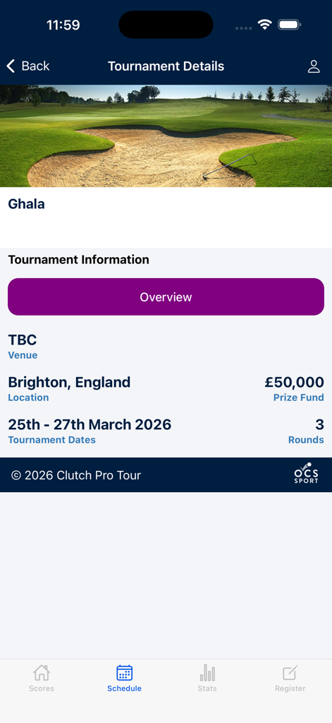 Tournament details screen in the Clutch Pro Tour app showing event info for Brighton England with prize fund and dates