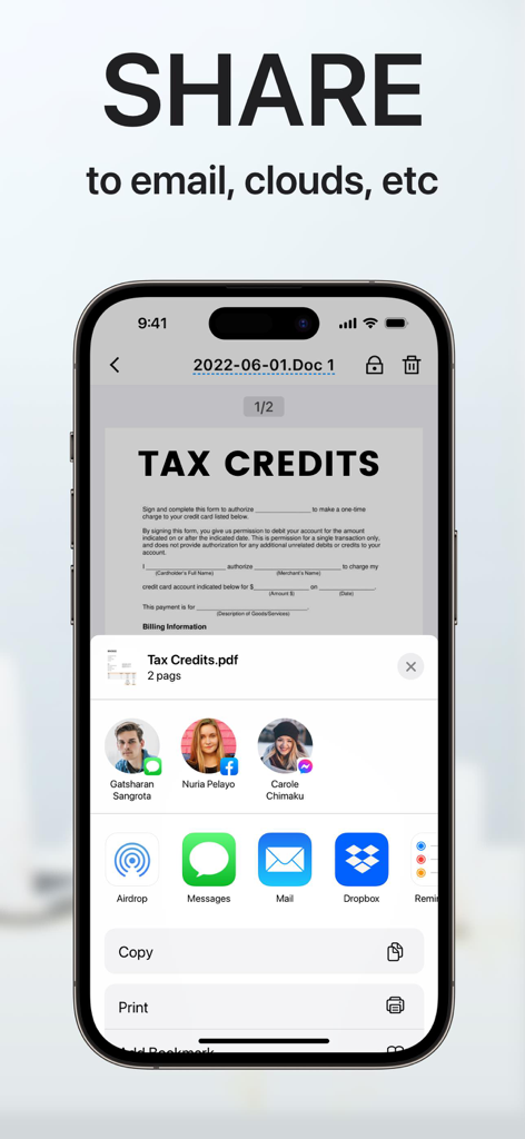 Interface d'application mobile montrant les options de partage de documents pour un document PDF numérisé vers la messagerie électronique et le stockage cloud.