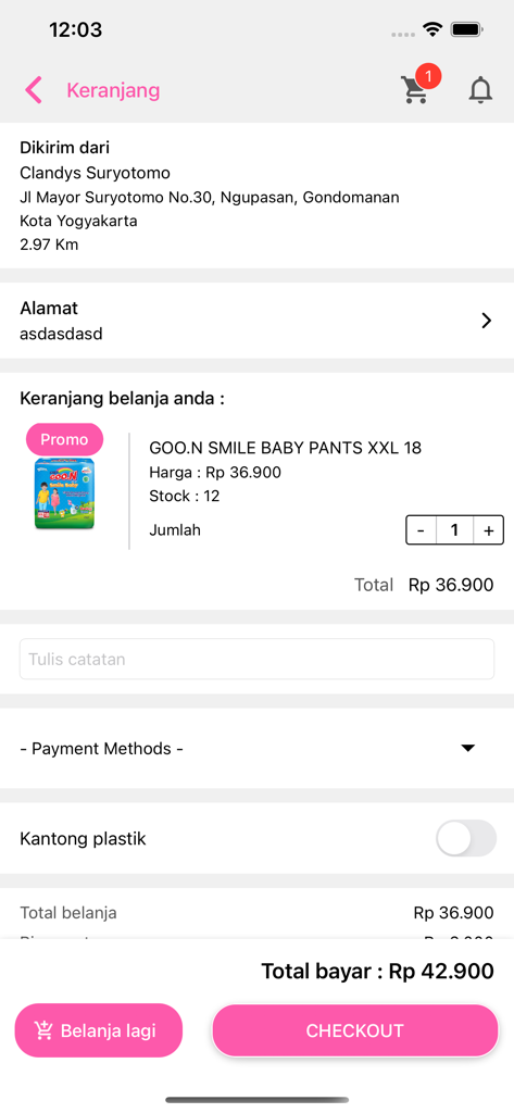 Clandys - Mobile app shopping cart screen for Clandys featuring baby diapers and a checkout button