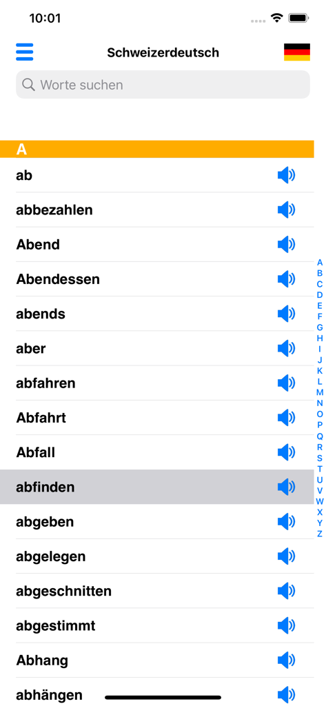 Oberfläche der Schweizerdeutschen Wörterbuch-App, die eine Wortliste mit dem Buchstaben A und Audio-Icons zur Aussprache zeigt