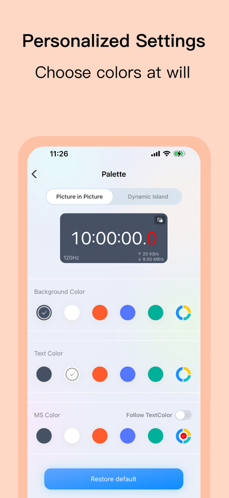 Floating Clock app settings screen for customizing color palette of the floating timer and millisecond display