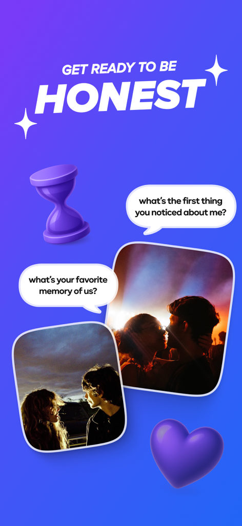 Honest: Couples & Relationship - Honest app splash screen featuring conversation prompts and romantic couple photos on a purple gradient background.