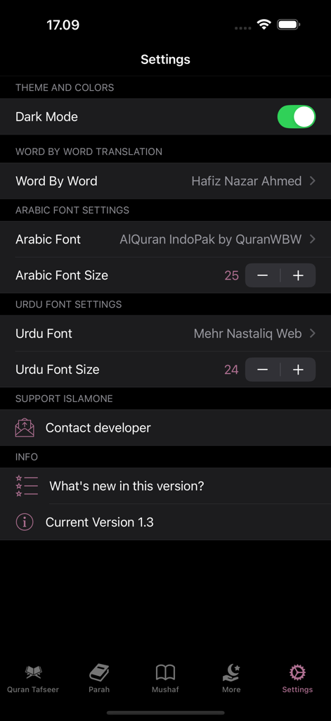 Tafheem ul Quran Urdu - Settings screen of the Tafheem ul Quran app showing dark mode and font customization options