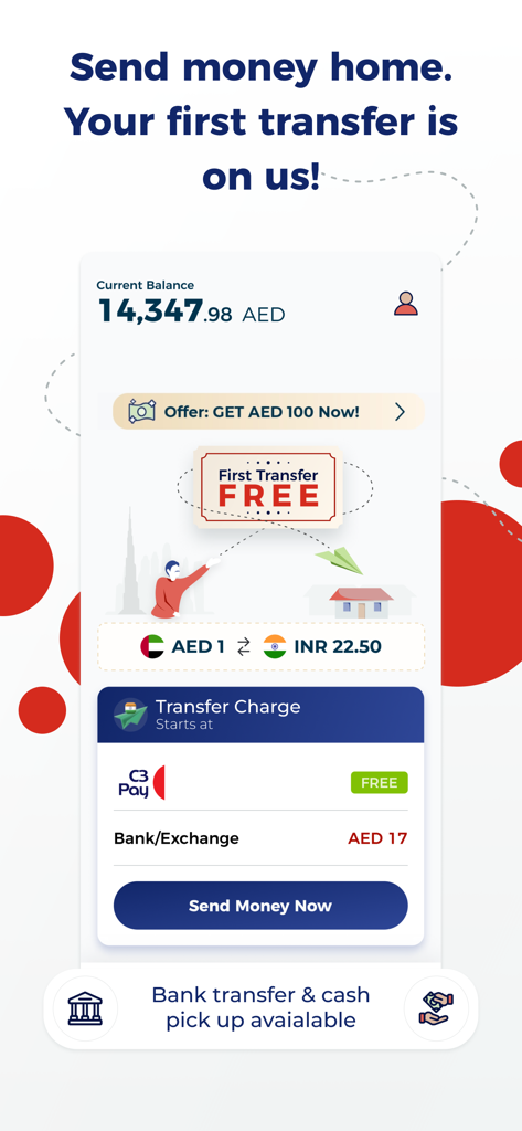 C3Pay - C3Pay app display for sending money home with a free first transfer offer