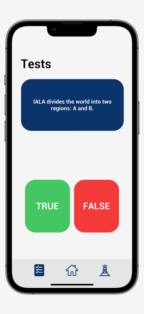 IALA System - A screenshot showing a True or False quiz question about IALA maritime navigation regions on a mobile device