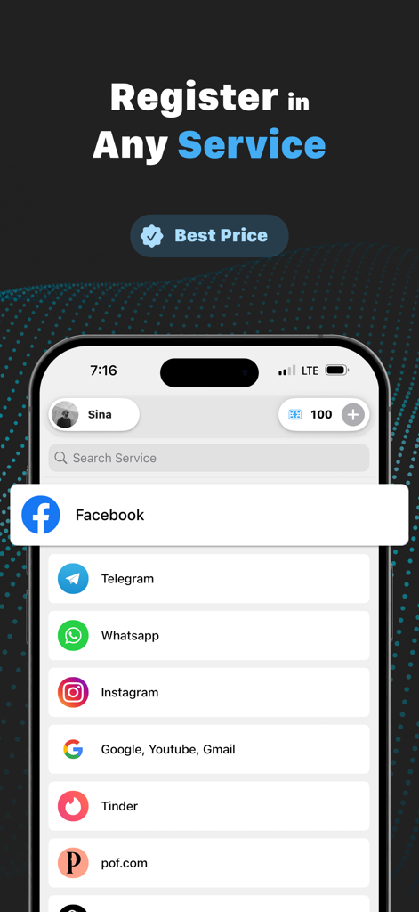 Facebook、Telegram、WhatsAppを含むSMS認証に対応したサービスのリストが表示されたモバイルアプリ画面