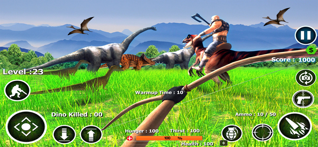 First person view of a player aiming a bow at various dinosaurs in a green valley landscape