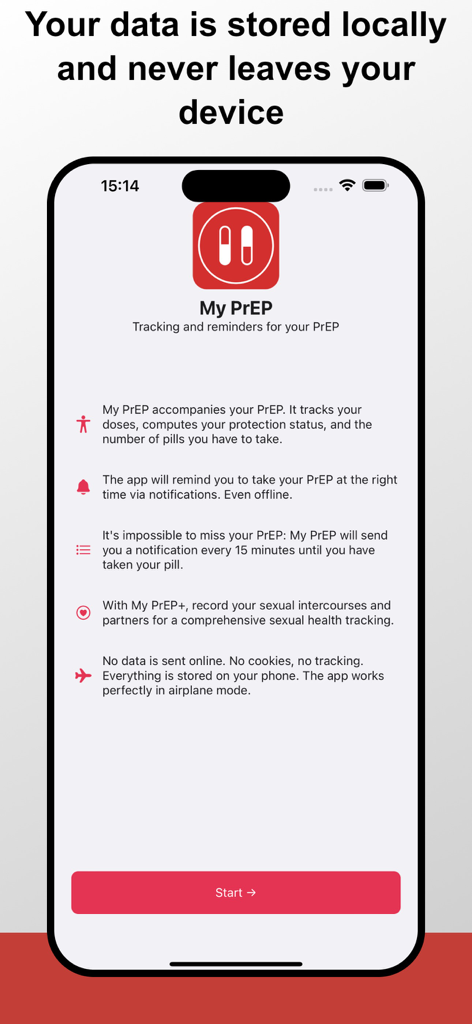 Onboarding screen of My PrEP app highlighting its focus on local data storage and user privacy.