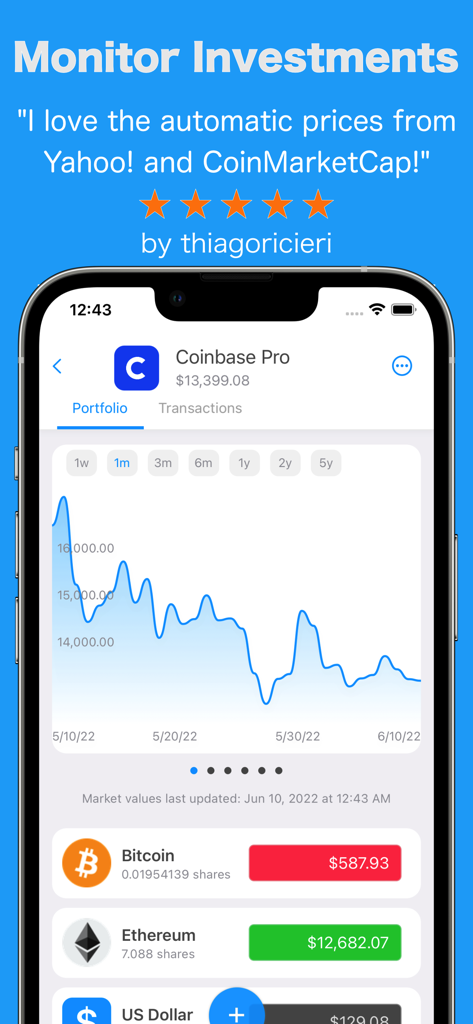 Captura de pantalla de la aplicación MoneyWiz que muestra una interfaz de seguimiento de carteras de criptomonedas e inversiones con un gráfico de rendimiento