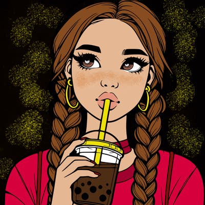 realistic girl with braided hair drinking boba
