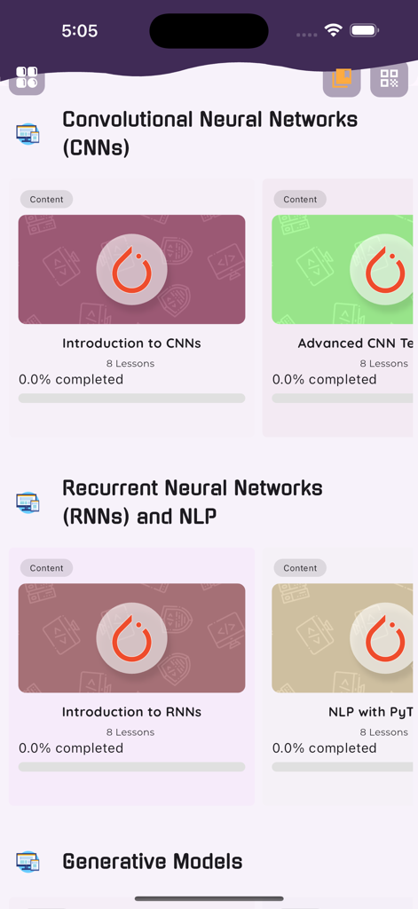 Learn PyTorchアプリのスクリーンショット。CNN、RNN、ジェネレーティブモデルのコースモジュールと進捗バーが表示されています。
