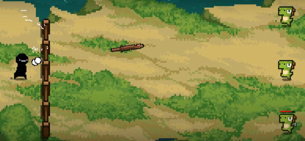 Pixel art gameplay of a hero defending a wall against green dinosaur enemies
