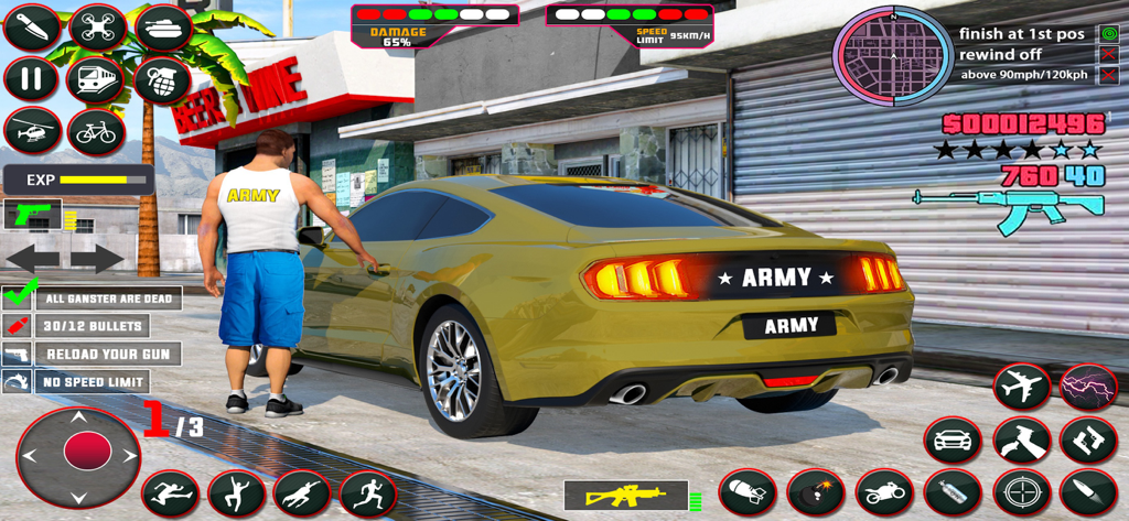 Army Transport Truck Sim 3D - Gameplay screenshot of an army soldier standing by a yellow sports car with a full mission interface