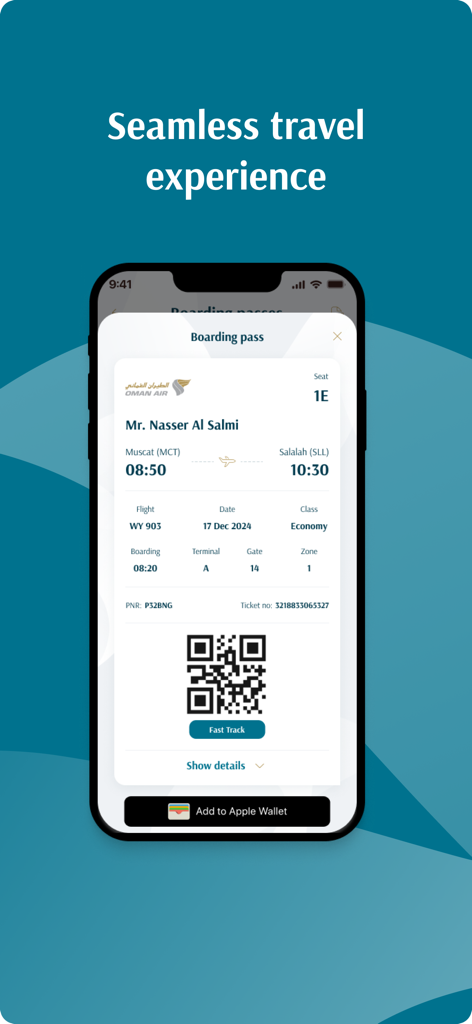 Carte d'embarquement numérique de l'application Oman Air affichant les détails du vol et le code QR