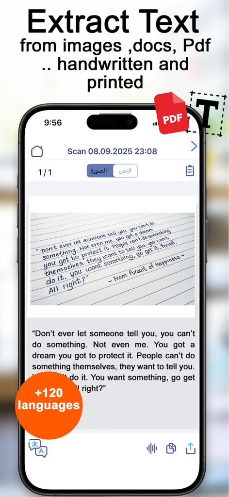 Scanner Translator ترجمه مترجم - Aplicación de smartphone extrayendo texto digital editable de una nota manuscrita