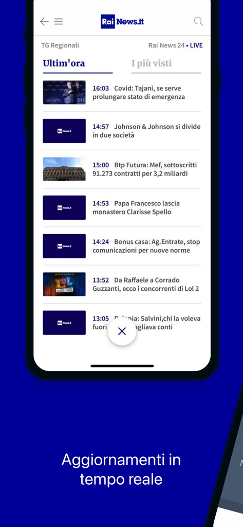 RaiNews - RaiNews mobile app interface showing a list of Italian breaking news headlines