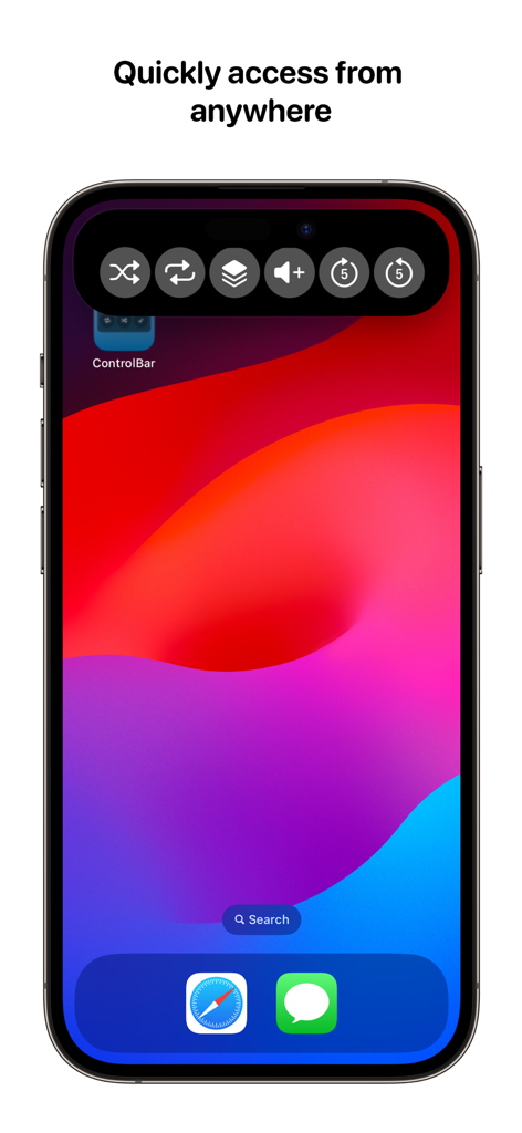 iPhone home screen showing the ControlBar music menu bar with shuffle and volume controls