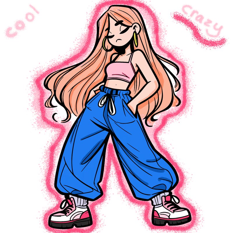 girl in baggy pants crop top and long hair