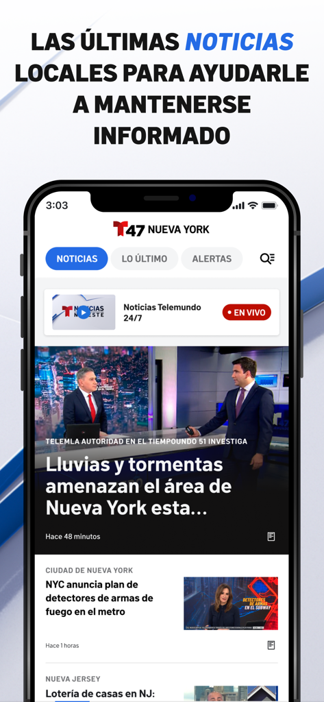 Pantalla de la app móvil Telemundo 47 que muestra titulares de noticias y el tiempo locales de Nueva York en español