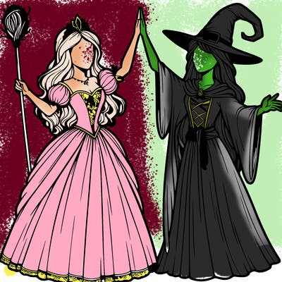 detailed realistic split of a princess and a witch