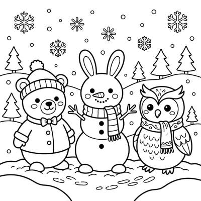 Discover a charming winter scene featuring three delightful animal snowmen—a bear, a rabbit, and an owl—ready for a splash of color. This easy-to-color page is perfect for young artists aged 4-8 to enjoy a cozy creative activity.