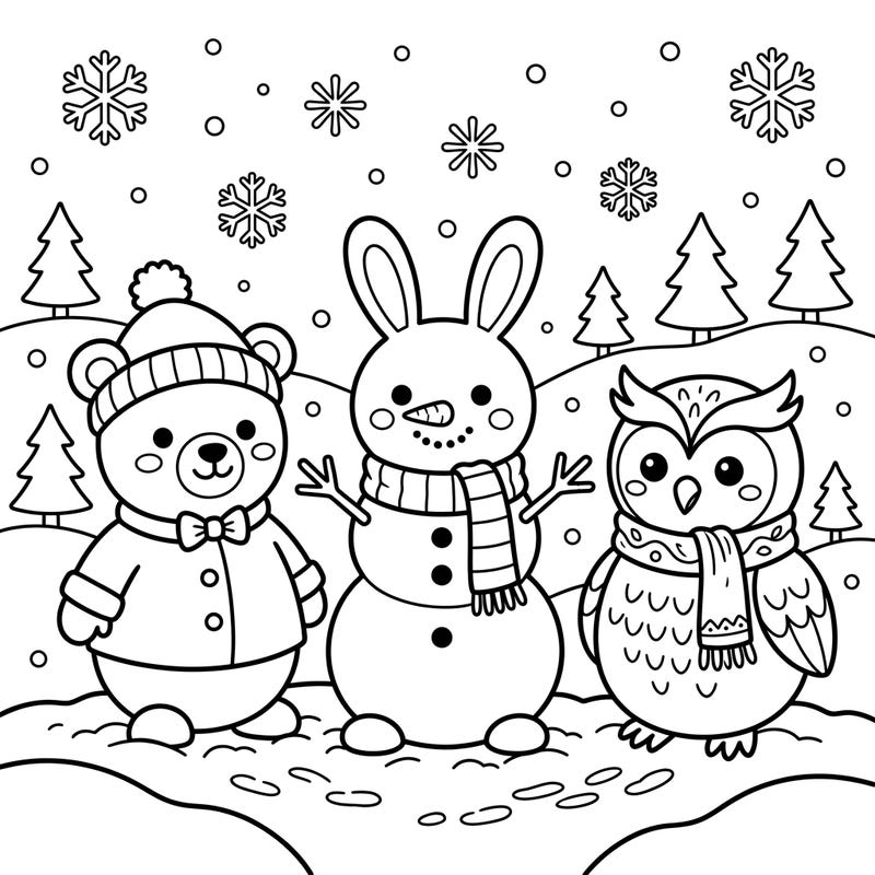 Discover a charming winter scene featuring three delightful animal snowmen—a bear, a rabbit, and an owl—ready for a splash of color. This easy-to-color page is perfect for young artists aged 4-8 to enjoy a cozy creative activity.