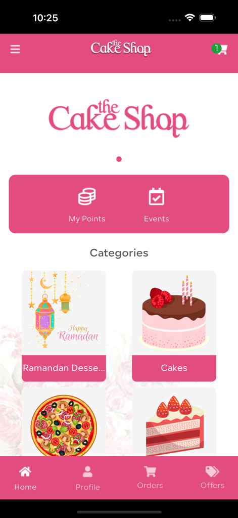 Interface of The Cake Shop mobile app showing dessert categories and loyalty reward options