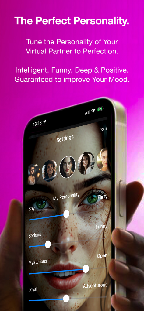 Her: The Virtual AI Girlfriend - Interface showing sliders to customize the personality traits of a virtual AI partner in the Her app