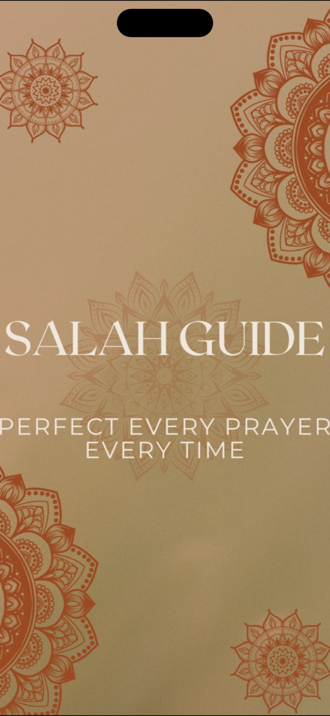 Salah Guide app splash screen featuring the slogan Perfect Every Prayer Every Time with decorative mandala patterns.