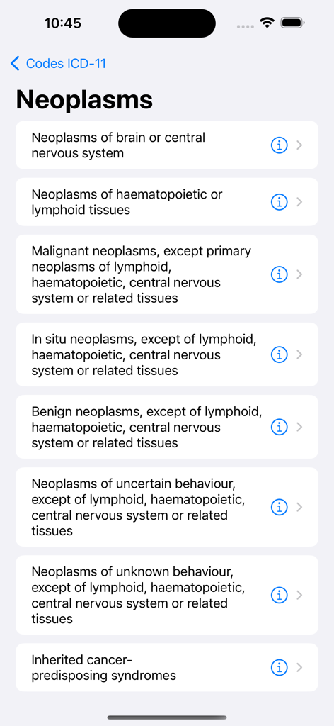 ICD-11 MMS app screen displaying a list of medical categories for neoplasms.