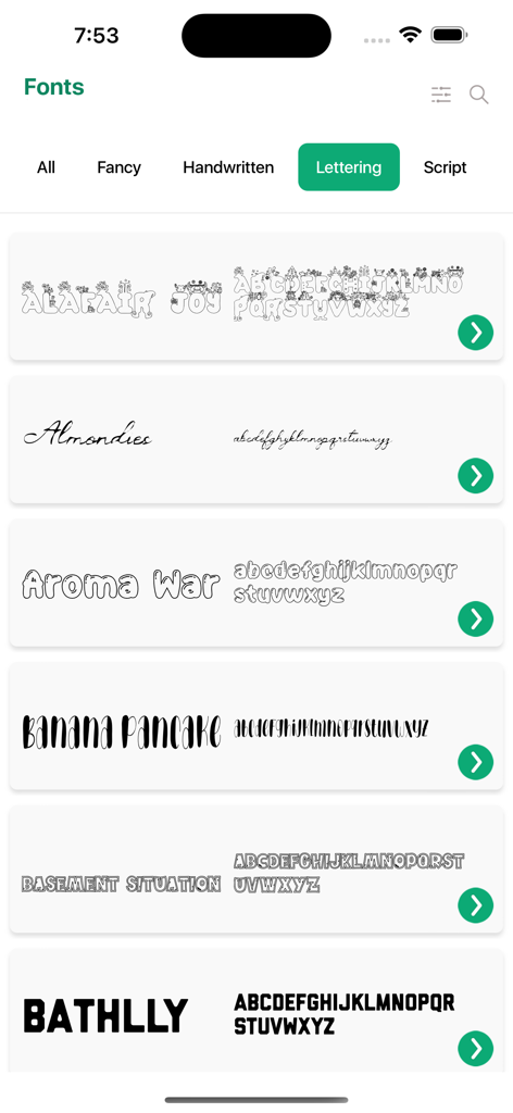 a list of creative lettering fonts displayed in the fonts for diy space mobile app
