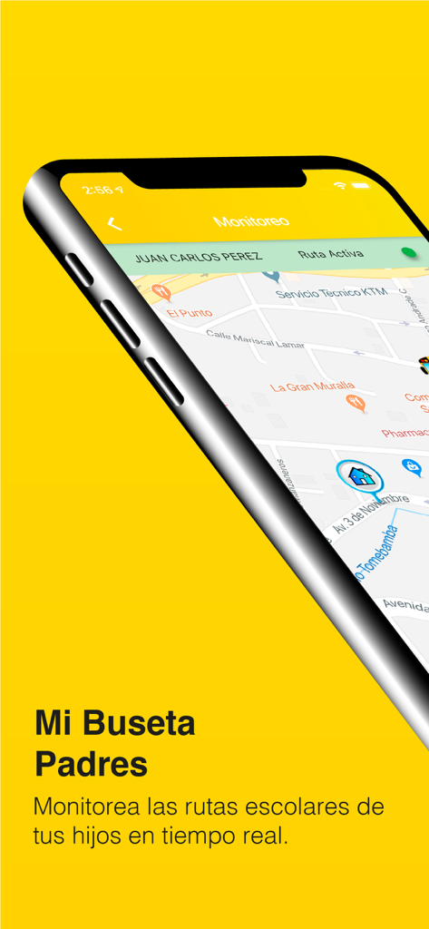 Mi Buseta Padres - Interface do aplicativo Mi Buseta Padres mostrando rastreamento em tempo real do ônibus escolar em um mapa