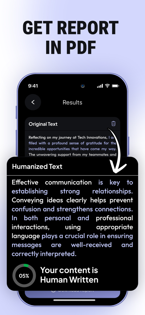 AI Detector - Text Humanizer - AI Detector app interface showing humanized text results and an option to export a PDF report