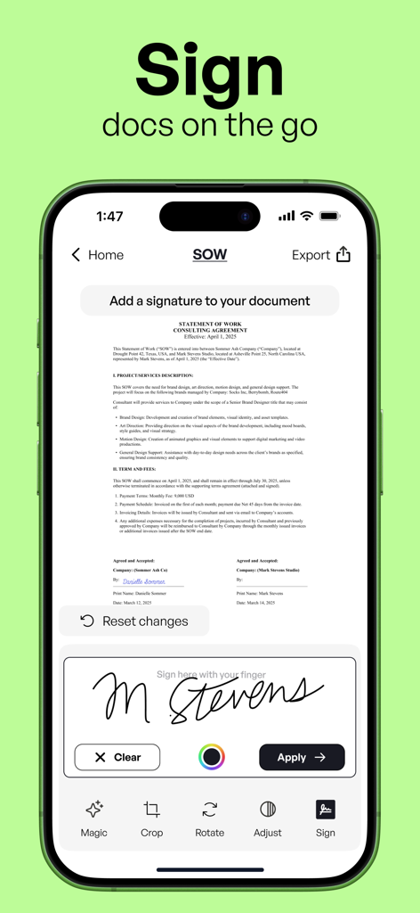 Scannerkit: PDF & Scanner App - An iPhone screen displaying the ScannerKit app being used to add a digital signature to a professional document.